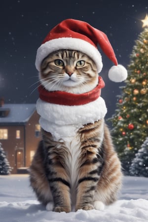 masterpiece, best quality, cat snowman, wearing santa's hat, christmas tree, presents, snow, night, industrial site background, ultra-realistic, very high detail