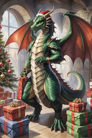((full body)) Photo, a dragon. wearing christmas outfit. packing presents. digital art, 8K resolution, ultra quality, Watercolor, intricate details, highly detailed, greg rutkowski, more detail XL