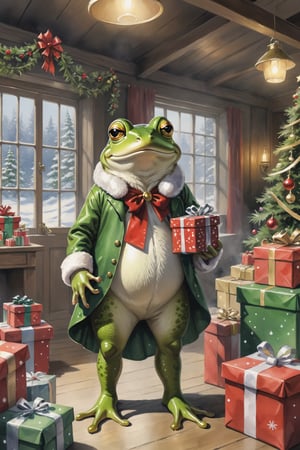 ((full body)) Photo, a frog. wearing christmas outfit. packing presents, santa's workshop. digital art, 8K resolution, ultra quality, Watercolor, intricate details, highly detailed, greg rutkowski, more detail XL