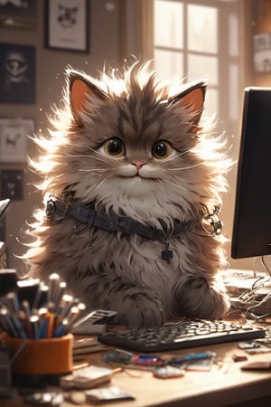 (masterpiece, best quality, professional photo, realistic), happy cat hacker, detailed computer, detailed fur, messy room background