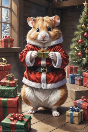 ((full body)) Photo, a hamster. wearing christmas outfit. packing presents, santa's workshop. digital art, 8K resolution, ultra quality, Watercolor, intricate details, highly detailed, greg rutkowski, more detail XL