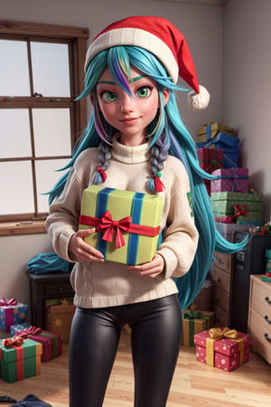 Photo of punk girl with a present, long rainbow hair, smirk, green_eyes, long sweater, leggings, santa's hat, in a messy room, RAW photo, analog style, beauty, Realism,  photorealistic, Detailedface, 3DMM