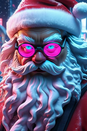 Santa Claus, neon glasses, snowy, cyberpunk, photo, realiastic, 8k, highly detailed, more detail XL