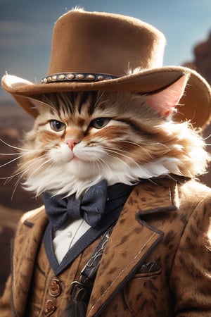(masterpiece, best quality, professional photo, realistic), smug cat cowboy, professional, serious, detailed suit, cowboy hat, detailed fur, epic background