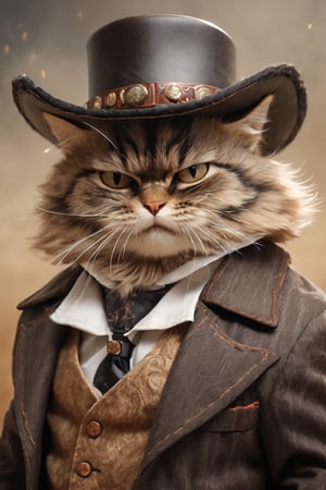 (masterpiece, best quality, professional photo, realistic), angry cat cowboy, professional, serious, detailed suit, cowboy hat, detailed fur, epic background