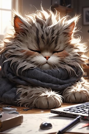 (masterpiece, best quality, professional photo, realistic), sleepy cat hacker, professional, detailed computer, detailed fur, messy room background