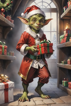 ((full body)) photo of young happy male goblin. wearing christmas outfit. holding a present. santa's workshop. digital art, 8K resolution, ultra quality, Watercolor, intricate details, highly detailed, greg rutkowski, more detail XL