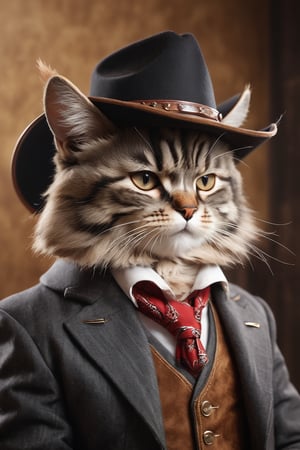 (masterpiece, best quality, professional photo, realistic), cat cowboy, professional, serious, detailed suit, cowboy hat, detailed fur, epic background