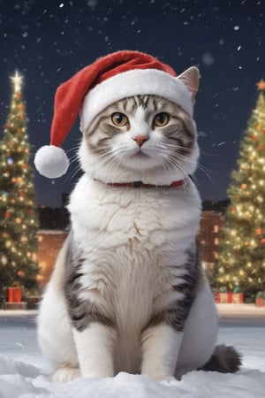 masterpiece, best quality, cat snowman, wearing santa's hat, christmas tree, presents, snow, night, industrial site background, ultra-realistic, very high detail