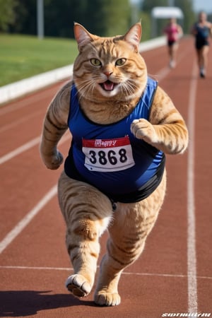 (Professional photo, hdr, depth of field), ((happy), fat) cat running in a track, detailed sportswear, detailed fur