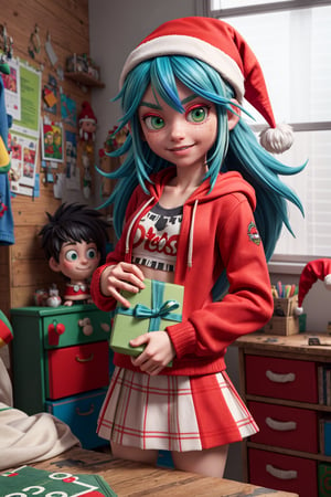 Photo of punk girl with a present, long rainbow hair, smirk, green_eyes, red santa's hoodie, skirt, red santa's hat, in a messy room, RAW photo, analog style, beauty, Realism,  photorealistic, Detailedface, 3DMM
