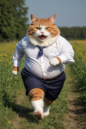 (Professional photo, hdr, depth of field), ((happy), fat) cat running in a field, detailed clothes, detailed fur