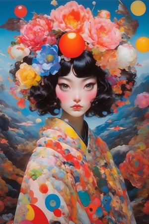 front view, In this mind-bending artwork, a whimsical dreamscape unfolds. A distorted mirror reflects fragmented images of the artist's influences—Araki's intimate photography, Saeki's eroticism, Kusama's polka dots, and Newton's provocative elegance. The central figure, a surreal self-portrait of the artist, stands within the kaleidoscopic vortex, surrounded by floating eyes and distorted faces. The canvas is a riot of color and texture, capturing the intricate dance between consciousness and subconscious influences. This painting invites viewers to explore the depths of their own minds and the eclectic mix of influences that shape their perceptions.

enigmatic beings with ethereal silhouettes, digital dreamscape. Illuminate the scene with the pulse of a celestial bloom,casting hues that bridge both cosmic and cybernetic realms. where the organic and the synthetic collide in a dynamic composition.Integrate augmented reality surprises, fusion of art styles, transcend boundaries and conjure a visual symphony that harmonizes the present elements.
The works include American Cult Film (cult film), Hot Rod (modified car culture), Rock & Punk and Japanese Ukiyo-e, Nobuyoshi Araki, Toshio Saeki, Rockin' Jelly Bean, Helmut Newton, Kusama Yayoi, Nara Yoshitomo, etc. representative style.
masterpiece artwork, best quality,  
8k, octane render, natural lighting, hyperrealistic, 
3d cartoon, extremely detailed, dynamic angle, 
magic, surreal, fantasy, digital art, UHD, cinematic perfect light,
,retroartstyle,DonMBl00mingF41ryXL ,IncrsDistractedBoyfriendMeme,High detailed ,Ukiyo-e,3D Render Style, in the style of esao andrews