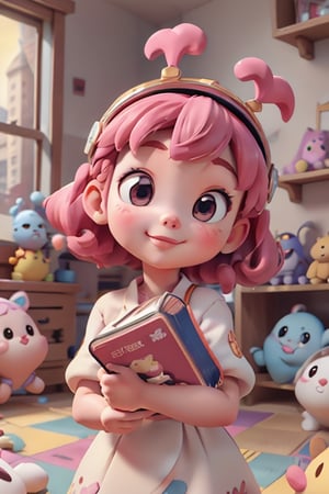 Cartoon Illustration of Emma, a small girl with pink curly hair, bright eyes, and a cute helmet, holding an English dictionary, cute, beautiful, innocent, and smiling, in a futuristic cityscape to enhance the sense of the future. close-up, 
floating English letters, a floating cloud library, and radiant brain-shaped machines. 
bright and lively colors, 
3d cartoon, extremely detailed, dynamic angle, 
Pixar style, Ghibli Studio, 
8k, octane render, 
natural lighting, hyperrealistic, masterpiece artwork, best quality, 
baby face, DonMF41ryW1ng5 ,DonML34f, organic,Clay Animation,candyland,kawaiitech,