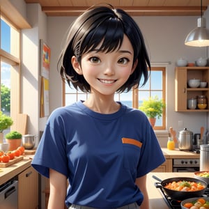 masterpiece artwork, best quality,  

Cartoon Illustration, 
A beautiful Japanese young woman named Aiko, with short black hair, wearing a Loose T-shirt with casual shorts, smiling, portrait, close-up, making dinner at home, side view, in an office,

8k, octane render, natural lighting, hyperrealistic, 
3d cartoon, extremely detailed, dynamic angle, 
magic, surreal, fantasy, digital art, UHD, cinematic perfect light,