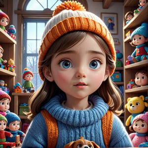 masterpiece artwork, best quality,  

Cartoon Illustration, 
a cute girl named Lily, wearing a knitted hat and sweater, eyes wide with wonder, close up, in a workshop, talking, portrait, in a workshop, surrounded by toys,

8k, octane render, natural lighting, hyperrealistic, 
3d cartoon, extremely detailed, dynamic angle, 
magic, surreal, fantasy, digital art, UHD, cinematic perfect light,