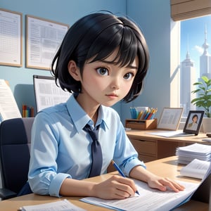 masterpiece artwork, best quality,  

Cartoon Illustration, 
A beautiful Japanese young woman named Aiko, with short black hair, wearing a light blue tailored collared shirt, portrait, close-up, sitting at a desk with a computer, lower her head, looking down at papers, front view, in an office,

8k, octane render, natural lighting, hyperrealistic, 
3d cartoon, extremely detailed, dynamic angle, 
magic, surreal, fantasy, digital art, UHD, cinematic perfect light,