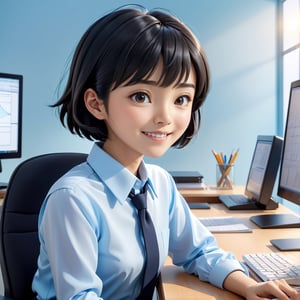 masterpiece artwork, best quality,  

Cartoon Illustration, 
A beautiful Japanese young woman named Aiko, with short black hair, wearing a light blue tailored collared shirt, portrait, close-up, sitting at a desk, using a computer, smiling, side view, in an office,

8k, octane render, natural lighting, hyperrealistic, 
3d cartoon, extremely detailed, dynamic angle, 
magic, surreal, fantasy, digital art, UHD, cinematic perfect light,