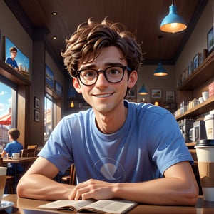 masterpiece artwork, best quality,  

Cartoon Illustration, 
a young man named Mark, with short brown hair with a slightly messy yet intentional style. wearing eyeglasses, a classic T-shirt, sitting in a coffee shop, hands on the table, portrait, smiling,

8k, octane render, natural lighting, hyperrealistic, 
3d cartoon, extremely detailed, dynamic angle, 
magic, surreal, fantasy, digital art, UHD, cinematic perfect light,