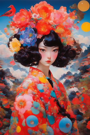 In this mind-bending artwork, a whimsical dreamscape unfolds. A distorted mirror reflects fragmented images of the artist's influences—Araki's intimate photography, Saeki's eroticism, Kusama's polka dots, and Newton's provocative elegance. The central figure, a surreal self-portrait of the artist, stands within the kaleidoscopic vortex, surrounded by floating eyes and distorted faces. The canvas is a riot of color and texture, capturing the intricate dance between consciousness and subconscious influences. This painting invites viewers to explore the depths of their own minds and the eclectic mix of influences that shape their perceptions.

enigmatic beings with ethereal silhouettes, digital dreamscape. Illuminate the scene with the pulse of a celestial bloom,casting hues that bridge both cosmic and cybernetic realms. where the organic and the synthetic collide in a dynamic composition.Integrate augmented reality surprises, fusion of art styles, transcend boundaries and conjure a visual symphony that harmonizes the present elements.
The works include American Cult Film (cult film), Hot Rod (modified car culture), Rock & Punk and Japanese Ukiyo-e, Nobuyoshi Araki, Toshio Saeki, Rockin' Jelly Bean, Helmut Newton, Kusama Yayoi, Nara Yoshitomo, etc. representative style.
masterpiece artwork, best quality,  
8k, octane render, natural lighting, hyperrealistic, 
3d cartoon, extremely detailed, dynamic angle, 
magic, surreal, fantasy, digital art, UHD, cinematic perfect light,
,retroartstyle,DonMBl00mingF41ryXL ,IncrsDistractedBoyfriendMeme,High detailed ,Ukiyo-e,3D Render Style, in the style of esao andrews