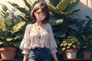 A girl named Alice, short brown hair, brown eyes, (detailed eyes, deep eyes), (glasses), slim build, and dresses in comfortable, casual clothing, like a light-colored blouse and jeans. She sports a delicate silver necklace with a small pendant,
(in the plant section of a nursery),
portrait, smiling, 
((best quality)), ((highly detailed)),  cowboy shot,