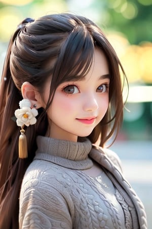 ((10-year-old girl), Complete anatomy, Loli, Beautiful girl with attention to detail, Detailed face, Beautiful shining body,bun hair
  Beautiful detailed eyes, ((tall eyes, big eyes)), brown eyes, black hair ,Medium hair, 1 Girl, ,Random Angle, (Bright Lighting: 1.2), Happiness, Natural Light, Real hand,Chinese style,full_body,whole body ,sideways, snowing,sweater,outdoor ,Realism,Portrait,dress_shirt