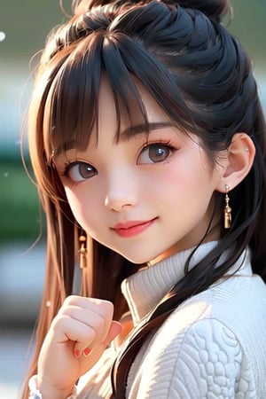 ((10-year-old girl), Complete anatomy, Loli, Beautiful girl with attention to detail, Detailed face, Beautiful shining body,bun hair
  Beautiful detailed eyes, ((tall eyes, big eyes)), brown eyes, black hair ,Medium hair, 1 Girl, Break,Random Angle, (Bright Lighting: 1.2), Happiness, Natural Light, Real hand,Chinese style,full_body,whole body ,sideways, snowing,sweater,snow mountain, outdoor ,Realism,Portrait