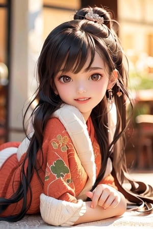 ((10-year-old girl), Complete anatomy, Loli, Beautiful girl with attention to detail, Detailed face, Beautiful shining body,bun hair
  Beautiful detailed eyes, ((tall eyes, big eyes)), brown eyes, black hair ,Medium hair, 1 Girl, ,Random Angle, (Bright Lighting: 1.2), Happiness, Natural Light, Real hand,Chinese style ,sideways, outdoor ,Realism,Gingerbread_House,ayaka_genshin