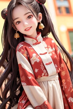 ((10-year-old girl), Complete anatomy, Loli, Beautiful girl with attention to detail, Detailed face, Beautiful shining body,bun hair
  Beautiful detailed eyes, ((tall eyes, big eyes)), brown eyes, black hair ,Medium hair, 1 Girl, ,Random Angle, (Bright Lighting: 1.2), Happiness, Natural Light, Real hand,Chinese style,full_body,whole body ,sideways, outdoor ,Realism,Gingerbread_House,ayaka_genshin