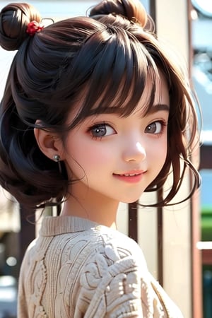 ((10-year-old girl), Complete anatomy, Loli, Beautiful girl with attention to detail, Detailed face, Beautiful shining body,bun hair
  Beautiful detailed eyes, ((tall eyes, big eyes)), brown eyes, black hair ,Medium hair, 1 Girl, Break,Random Angle, (Bright Lighting: 1.2), Happiness, Natural Light, Real hand,Chinese style,full_body,whole body ,sideways, snowing,sweater,snow mountain, outdoor ,Realism,Portrait