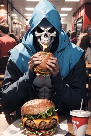 Skeletor eating a hamburger