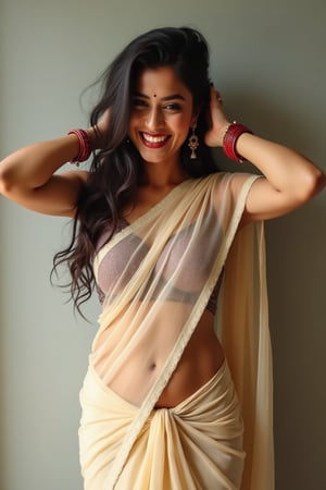 beautiful woman,modern house wife, 2020, sheer sari, decent, navel seen through saree, casual perfect saree,covered legs,belly button,pierced navel, bright skin, toned body, model,arms up, ruffling own hair playfully, laughing, hands behind head,mom, buxom,sindhoor on forehead,kunkum,clearly transparent,bangles, 