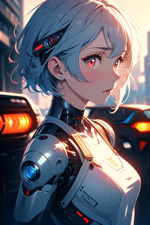 hermione  breasts, looking at viewer, short hair, bangs, red eyes, closed mouth, blue hair, upper body, white hair, blurry, from side, lips, depth of field, blurry background, glowing, letterboxed, science fiction, rain, android, cyborg, robot joints, cyberpunk