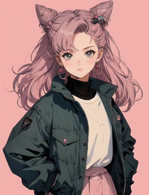Total body ,4k, high quality, masterpiece, best quality, highres,darkness style ,wears clothes 60s jacket leathers , earrings, duble buns and pink long hair, background Tokyo city streetchibi