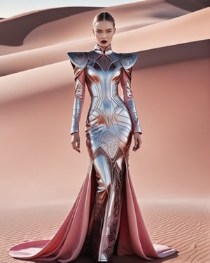 by Alexander McQueen, imagine alien girl (hunky, kawaii but extremely beautiful:1.4), (intricate details, masterpiece, best quality:1.4) , in the style of nicola samori, art deco style, blend of organic and mechanical elements, futuristic 30's Dress, cybernetic  red and pink, detailed, intricate,, looking at viewer, background desert, 
