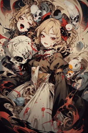 1 girl, masterpiece, cowboy shot, flandre_scarlet, blonde hair, short hair, touhou_project, red eyes, vampire, fangs, gothic lolita dress, red clothes, monochromatic,More Detail, blood, gore, skulls,guro, ribcage, skeletons, evil smile, from above,