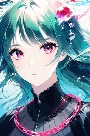 solo, looking at viewer, long hair, black shirt, 1girl , female focus, green hair, white and purple hair,,red chain,, portrait,pink eyes,cool look, ,underwater, 