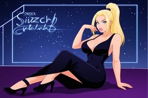 beautiful busty woman, blonde hair, ponytail, big lips, blue eyes, black night club dress, high heels, night club background, sinozick style, bold lines, high quality, masterpiece, dc comics style, flux style