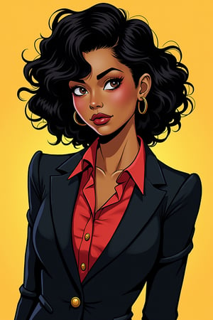 beautiful latina woman, black hair, curly hair, short hair, brown eyes, brown skin, dark suit with red shirt, standing, sinozick style, bold lines, high quality, masterpiece, dc comics style, pop art style