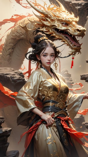 masterpiece, top quality, best quality, official art, beautiful and aesthetic:1.2), (1girl:1.3), , girl, black hair, hanfu fashion, chinese dragon,  white dragon, (golden theme:1.5), volumetric lighting, ultra-high quality, photorealistic, misty rock moutain background,weapon,breasts