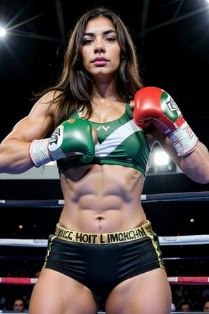 1girl, 25yo, dark Hispanic skin, (muscular:1.6), (boxing_gloves:1.4), Wearing Mexican flag sportswear, boxing ring, punching

The crowd is cheering in the stadium behind her