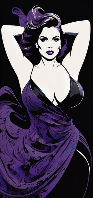 masterpiece, enormous boobs, high quality photo, RAW photo, 16K, high contrast, silhouette art poster, elegant Latina, perfect body, huge breasts wearing black dress, hair blowing in the wind, black background, (purple outline drawing on white background),silhouette, painted by Jackson Pollock,