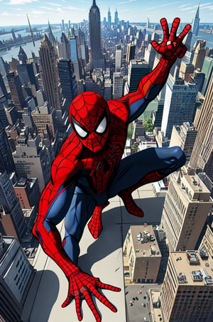by marc silvestri, comic book style, flat colors, Spiderman, man, (crouching down, spider-man pose, back to camera), facing away, male toned body, perched on top of a high metal construction site, spiderman mask, overlooking manhattan, buildings, somber moment, skyscrapers, looking down, detailed background, day time, (wide shot), foreshortened perspective, 3-point perspective, dutch angle