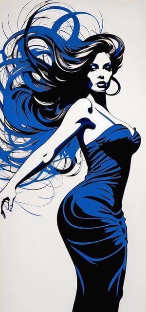 masterpiece, enormous boobs, high quality photo, RAW photo, 16K, high contrast, silhouette art poster, elegant Latina, perfect body, huge breasts wearing black dress, hair blowing in the wind, black background, (blue outline drawing on white background),silhouette, painted by Jackson Pollock,