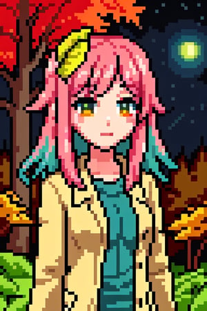 1girl, multicolored  pink hair, upperbody, pixel world,nature, forest, autumn,  yellow leaf, night sky,Pixel art