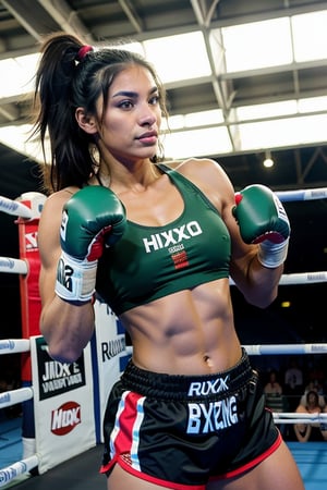 1girl, 25yo, dark Hispanic skin, (muscular:1.6), (boxing_gloves:1.4), Wearing Mexican flag sportswear, boxing ring, punching

The crowd is cheering in the stadium behind her