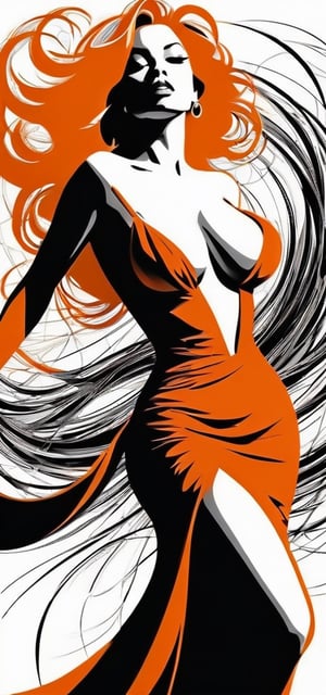 masterpiece, enormous boobs, high quality photo, RAW photo, 16K, high contrast, silhouette art poster, elegant Latina, perfect body, huge breasts wearing orange dress, hair blowing in the wind, black background, (black outline drawing on white background),silhouette, painted by Jackson Pollock,