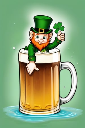 a tiny leprechaun swimming in a beer mug