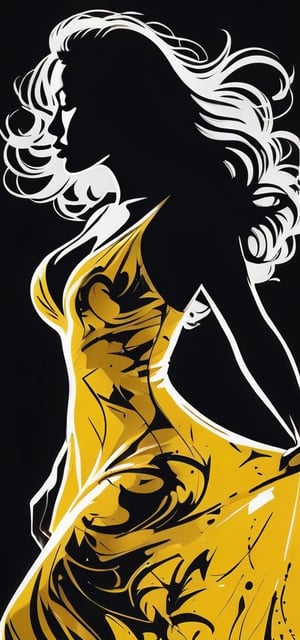 masterpiece, enormous boobs, high quality photo, RAW photo, 16K, high contrast, silhouette art poster, elegant Latina, perfect body, huge breasts wearing black dress, hair blowing in the wind, black background, (yellow outline drawing on white background),silhouette, painted by Jackson Pollock,