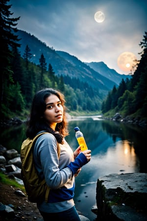 masterpiece, best quality, ultra-detailed, solo, (night), (stars, moon) cheerful, happy, backpack, sleeping bag, water bottle, gloves, sweater, flashlight, forest, rocks, river, wood, smoke,clear sky, analog style (look at viewer:1.2) (skin texture)  (cool hue and warm tone),1mallugirl,1 girl,Mallugirl,Isometric_Setting,dark skin